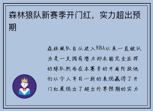 森林狼队新赛季开门红，实力超出预期